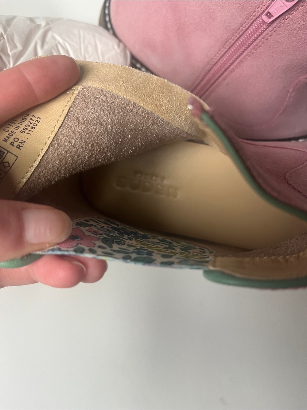 Boden Pink Suede Chelsea Boot with Floral Side Panel - Picture 5 of 6